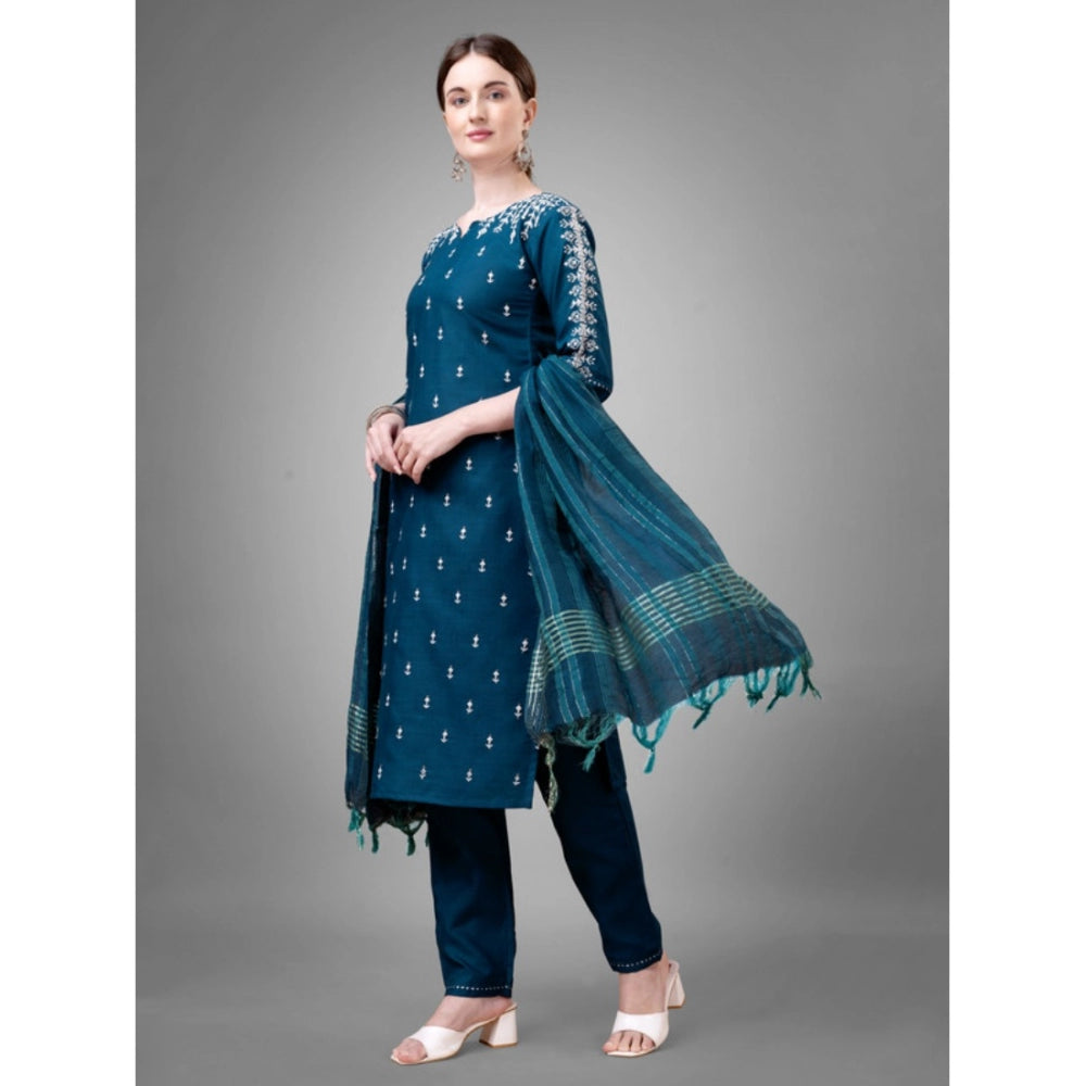 Shopper Beast Women's Casual 3-4 th Sleeve Embroidery Cotton Kurti Pant Dupatta Set (Blue )