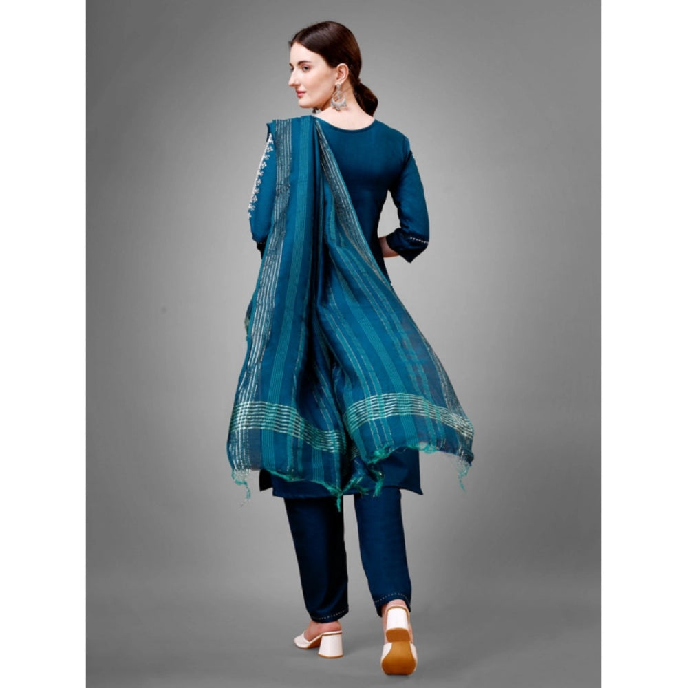 Shopper Beast Women's Casual 3-4 th Sleeve Embroidery Cotton Kurti Pant Dupatta Set (Blue )