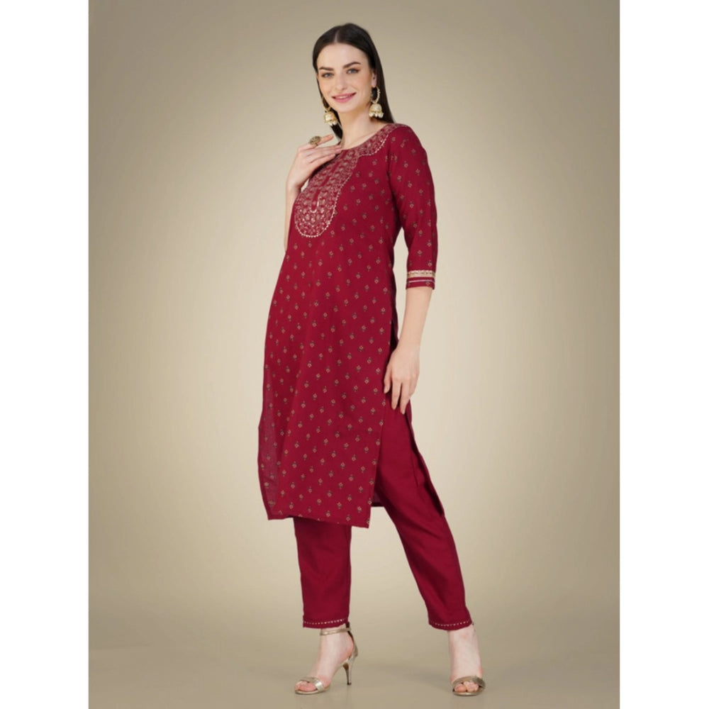 Shopper Beast Women's Casual 3-4 th Sleeve Embroidery Cotton Kurti Pant Dupatta Set (Maroon)