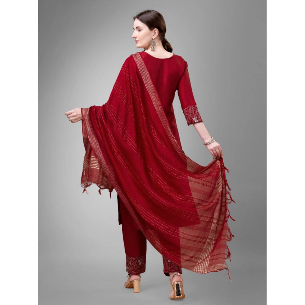 Shopper Beast Women's Casual 3-4 th Sleeve Embroidery Cotton Kurti Pant Dupatta Set (Maroon)