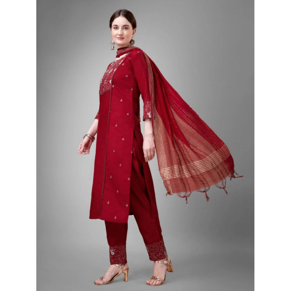 Shopper Beast Women's Casual 3-4 th Sleeve Embroidery Cotton Kurti Pant Dupatta Set (Maroon)