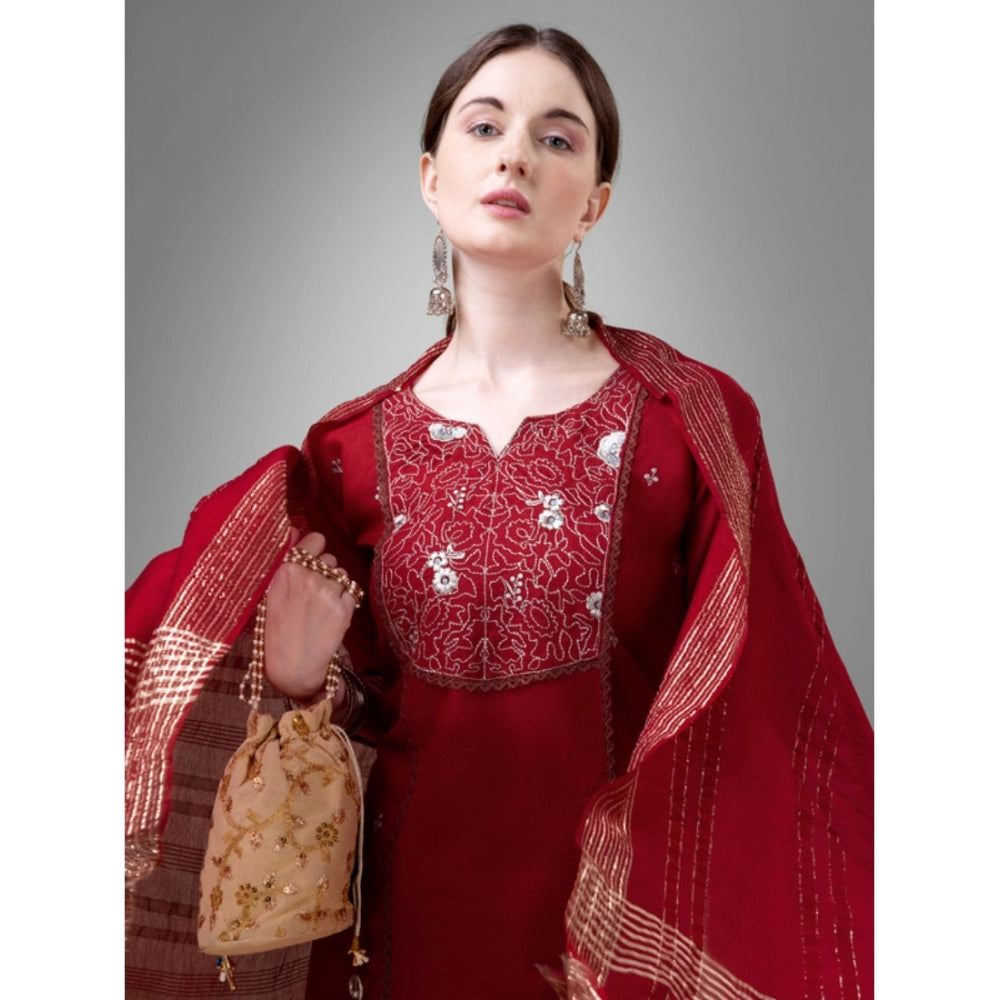 Shopper Beast Women's Casual 3-4 th Sleeve Embroidery Cotton Kurti Pant Dupatta Set (Maroon)