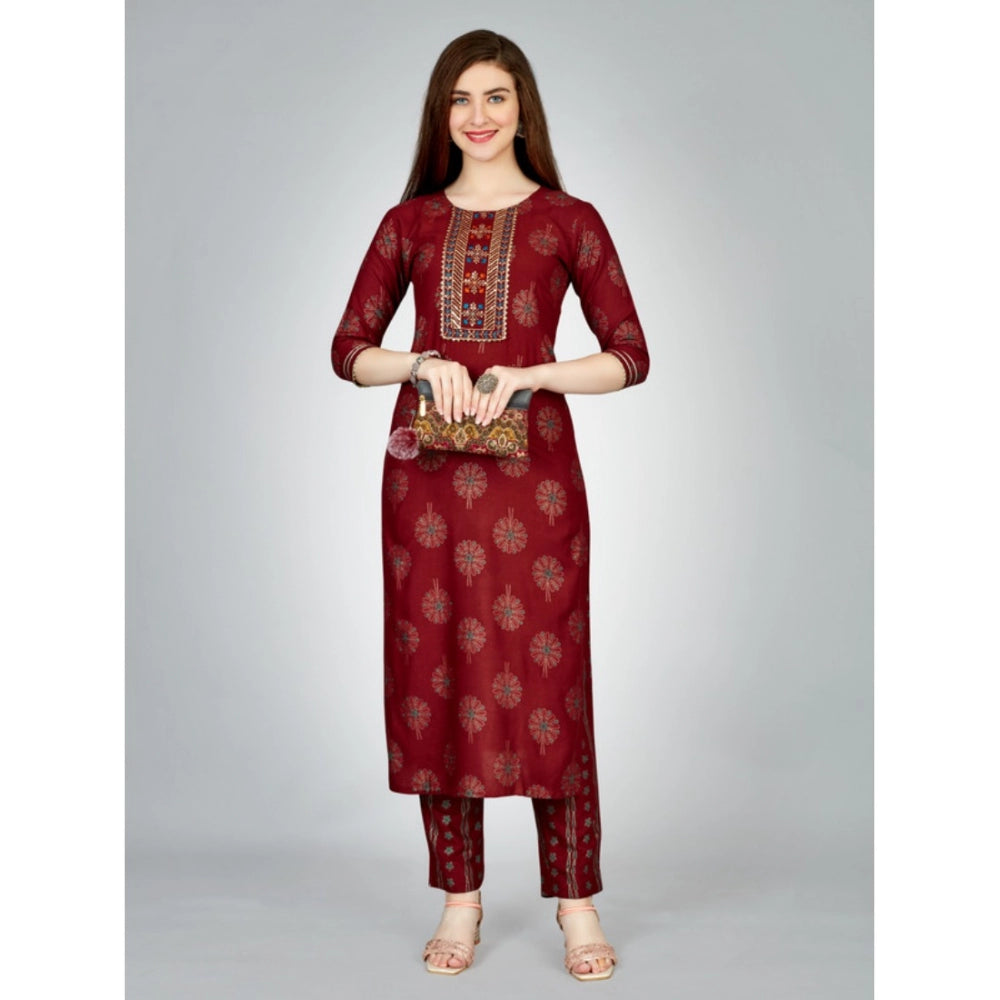 Shopper Beast Women's Casual 3-4 th Sleeve Embroidery Rayon Kurti Pant Set (Maroon)