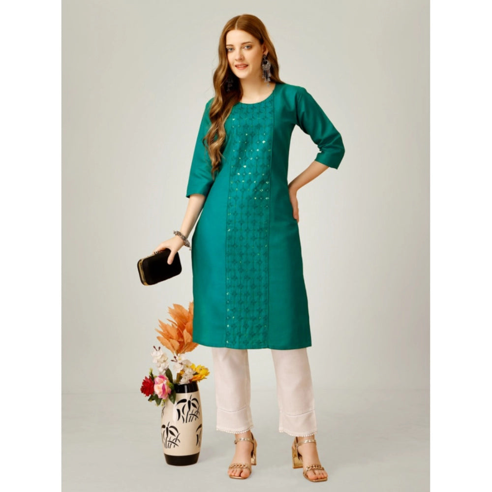 Shopper Beast Women's Casual 3-4 th Sleeve Embroidery Cotton Kurti Pant Set (Light Green)