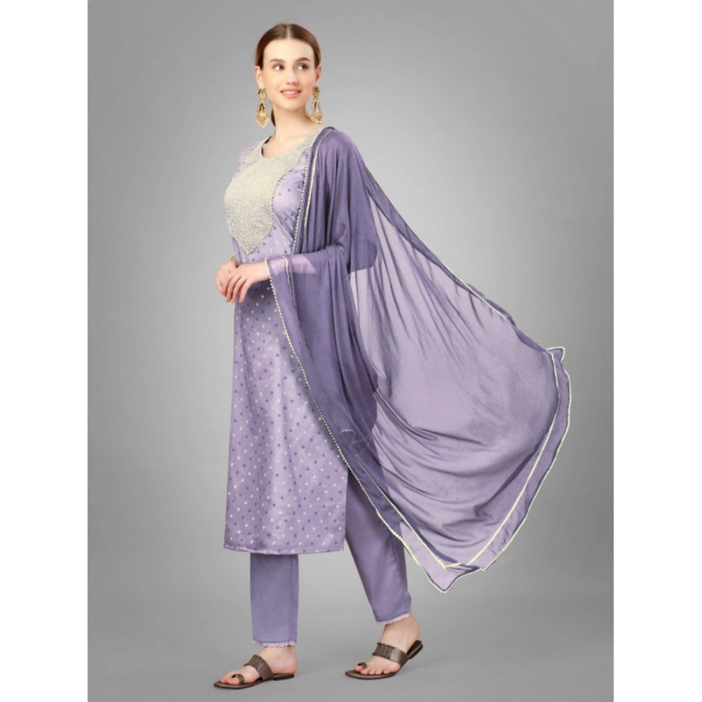 Shopper Beast Women's Casual 3-4 th Sleeve Embroidery Silk Blend Kurti Pant Dupatta Set (Lavender)