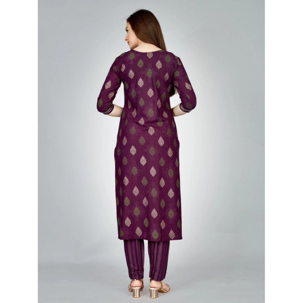 Shopper Beast Women's Casual 3-4 th Sleeve Embroidery Rayon Kurti Pant Set (Purple)