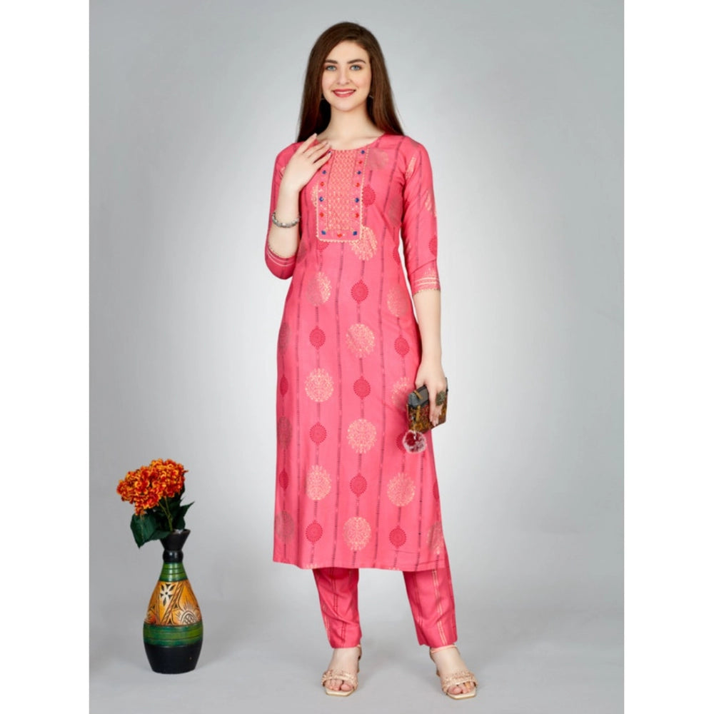 Shopper Beast Women's Casual 3-4 th Sleeve Embroidery Rayon Kurti Pant Set (Pink)