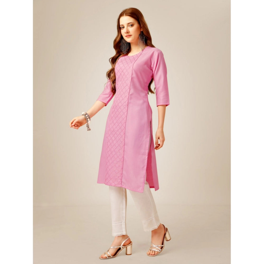 Shopper Beast Women's Casual 3-4 th Sleeve Embroidery Cotton Kurti Pant Set (Pink)