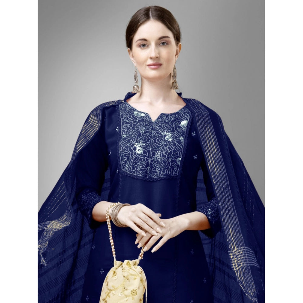 Shopper Beast Women's Casual 3-4 th Sleeve Embroidery Cotton Kurti Pant Dupatta Set (Dark Blue)