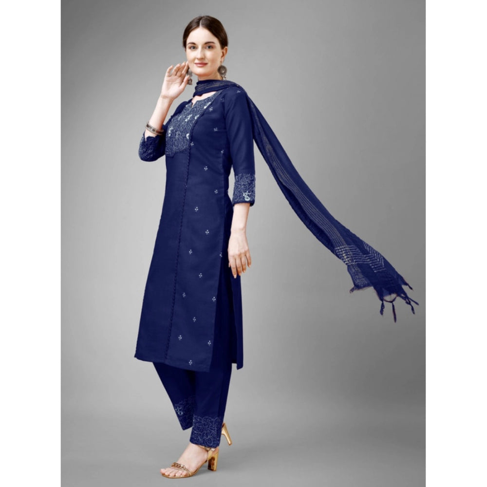 Shopper Beast Women's Casual 3-4 th Sleeve Embroidery Cotton Kurti Pant Dupatta Set (Dark Blue)