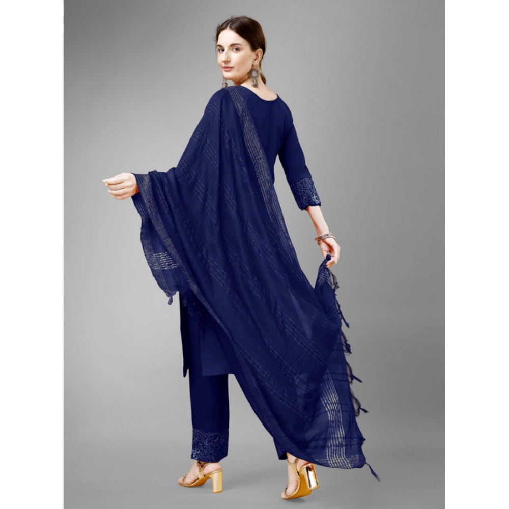 Shopper Beast Women's Casual 3-4 th Sleeve Embroidery Cotton Kurti Pant Dupatta Set (Dark Blue)