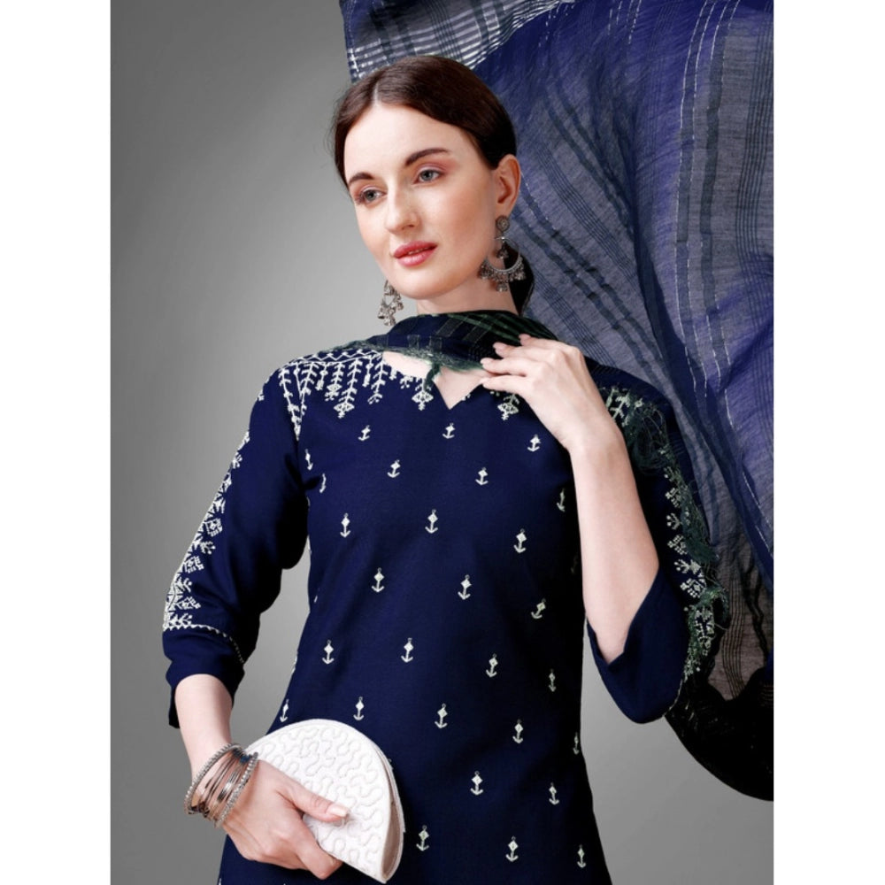 Shopper Beast Women's Casual 3-4 th Sleeve Embroidery Cotton Kurti Pant Dupatta Set (Dark Blue)