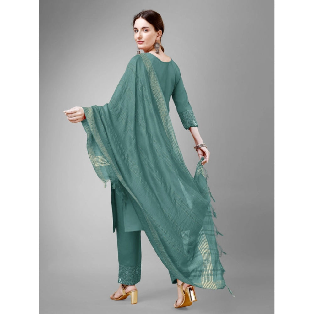 Shopper Beast Women's Casual 3-4 th Sleeve Embroidery Cotton Kurti Pant Dupatta Set (Teal)