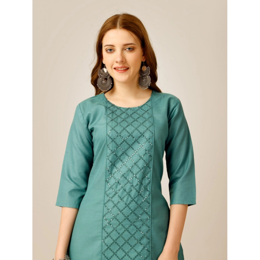 Shopper Beast Women's Casual 3-4 th Sleeve Embroidery Cotton Kurti Pant Set (Green)