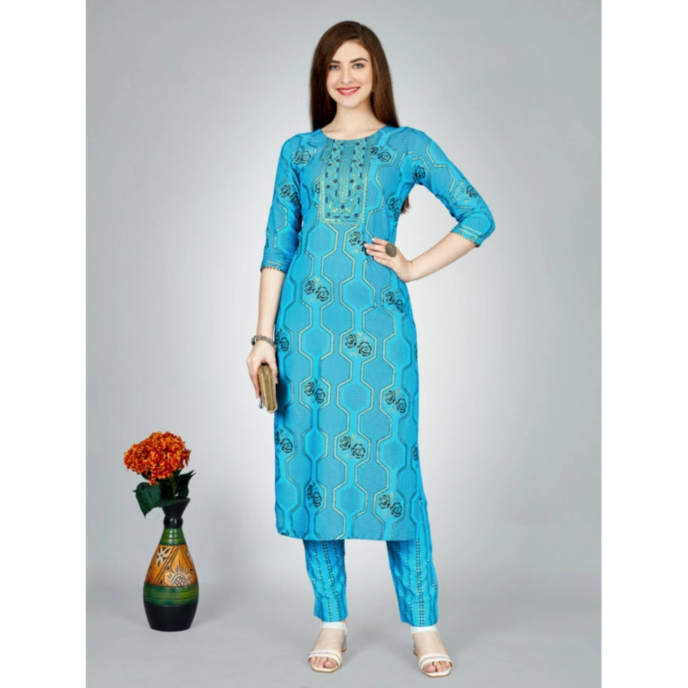 Shopper Beast Women's Casual 3-4 th Sleeve Embroidery Rayon Kurti Pant Set (Light Blue)