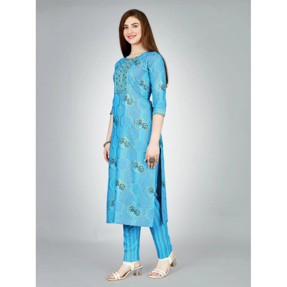 Shopper Beast Women's Casual 3-4 th Sleeve Embroidery Rayon Kurti Pant Set (Light Blue)