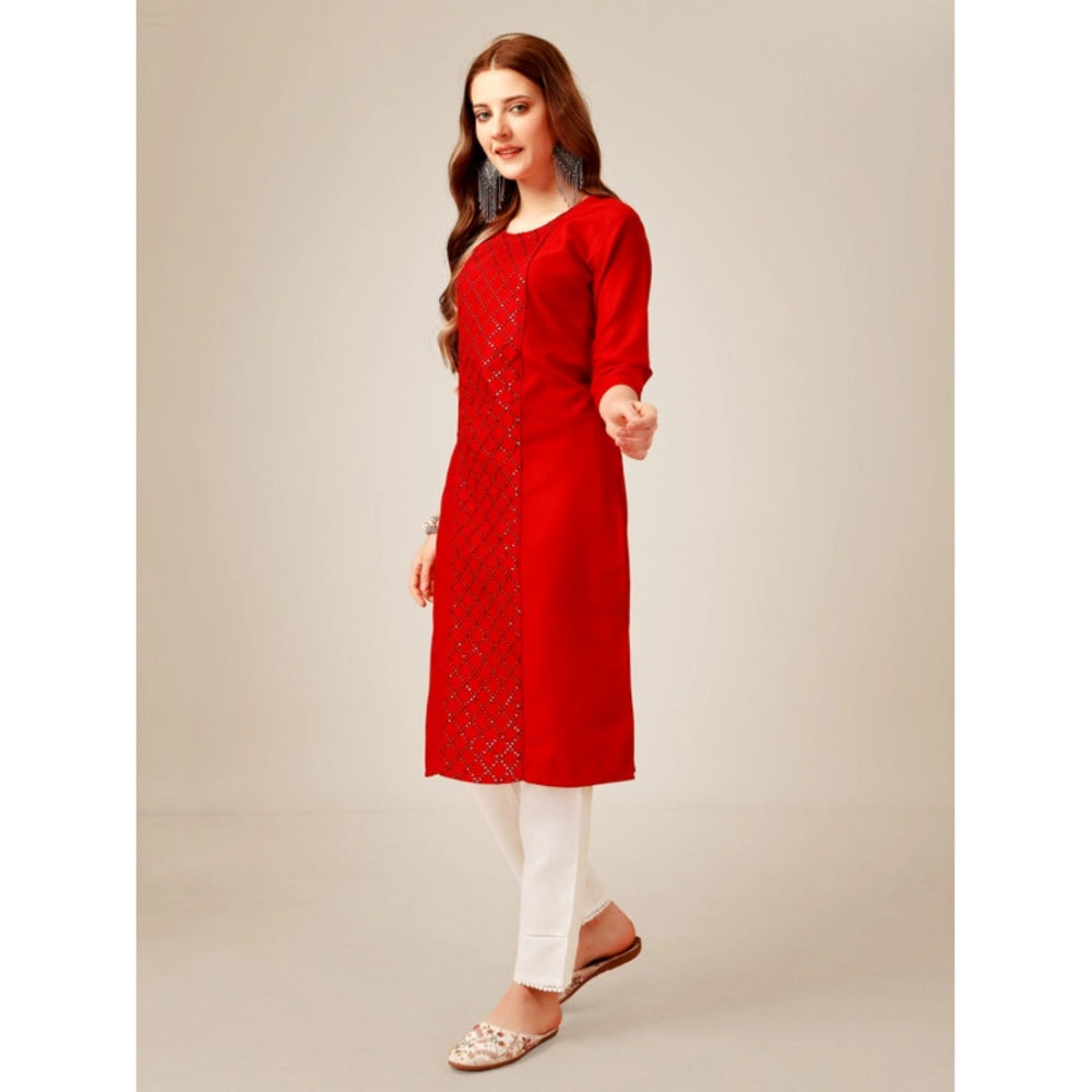 Shopper Beast Women's Casual 3-4 th Sleeve Embroidery Cotton Kurti Pant Set (Red)