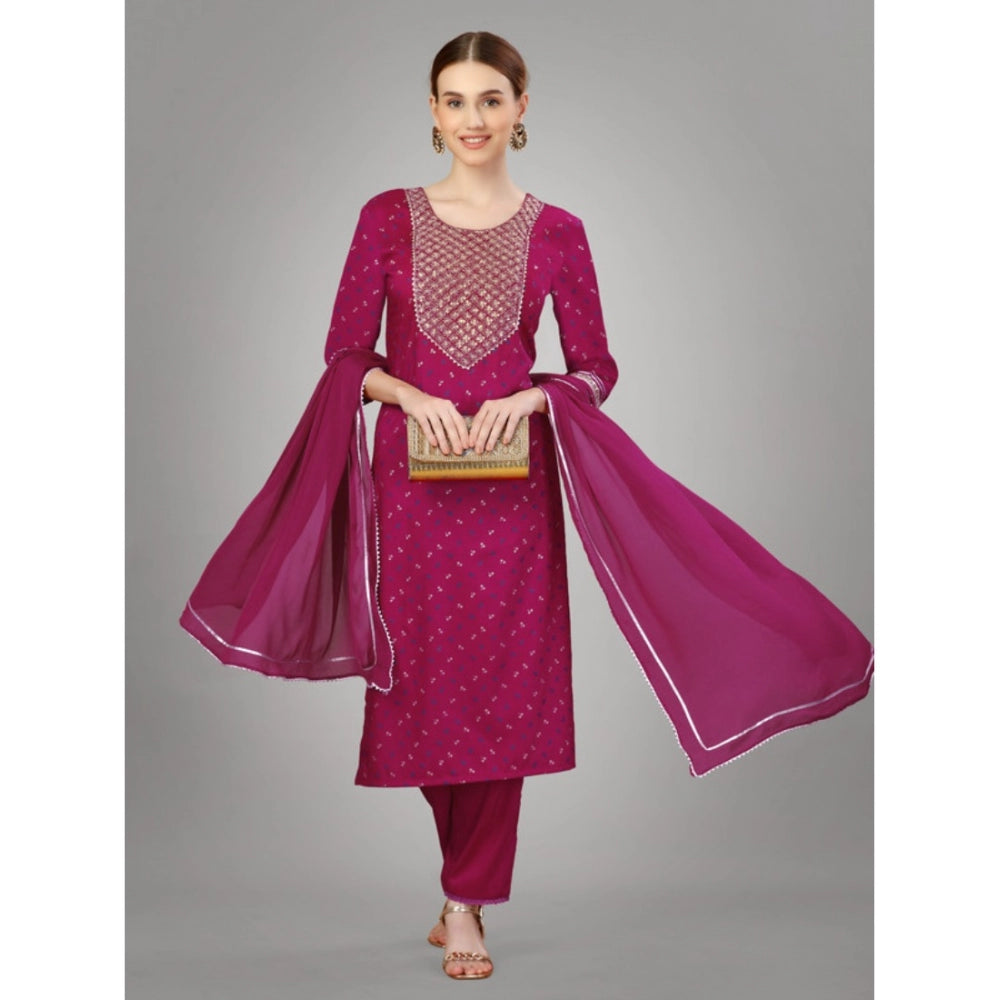 Shopper Beast Women's Casual 3-4 th Sleeve Embroidery Silk Blend Kurti Pant Dupatta Set (Rani)