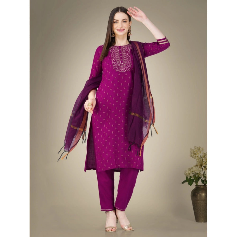 Shopper Beast Women's Casual 3-4 th Sleeve Embroidery Cotton Kurti Pant Dupatta Set (Purple)