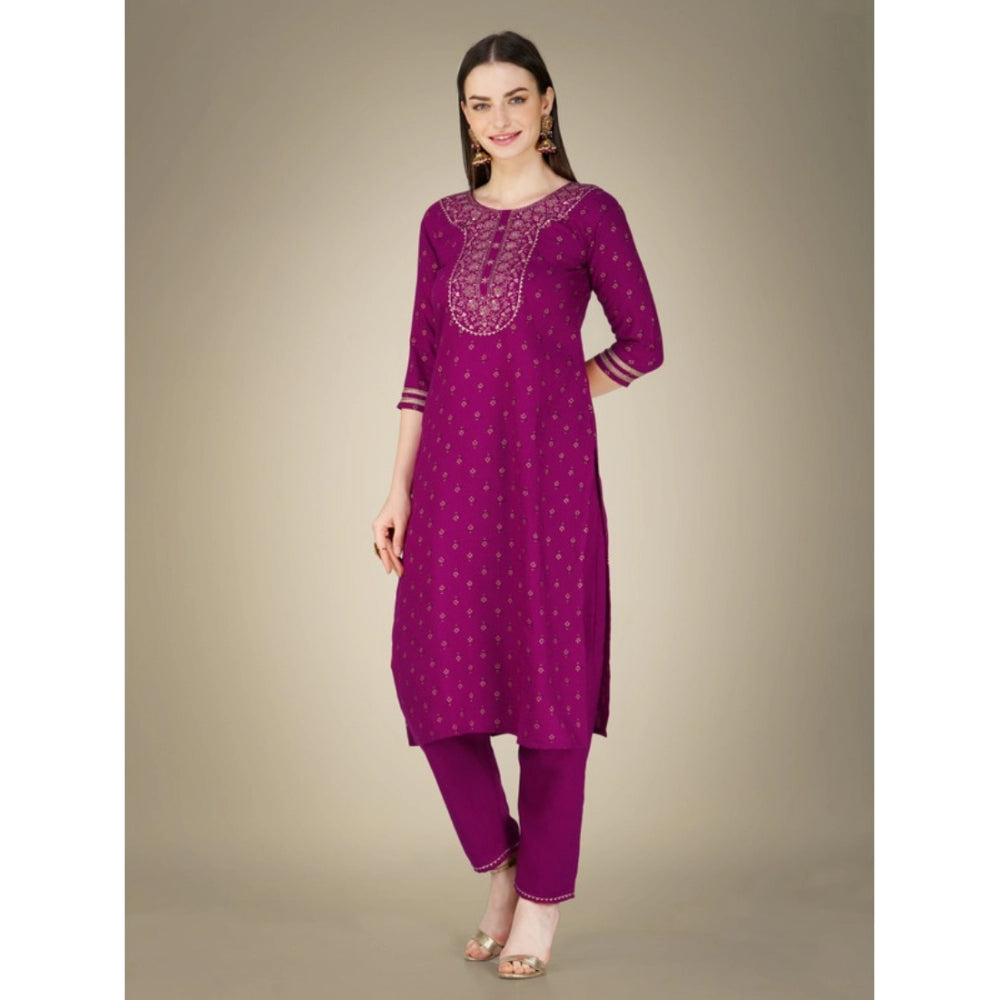 Shopper Beast Women's Casual 3-4 th Sleeve Embroidery Cotton Kurti Pant Dupatta Set (Purple)