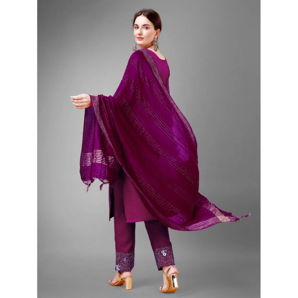 Shopper Beast Women's Casual 3-4 th Sleeve Embroidery Cotton Kurti Pant Dupatta Set (Purple)