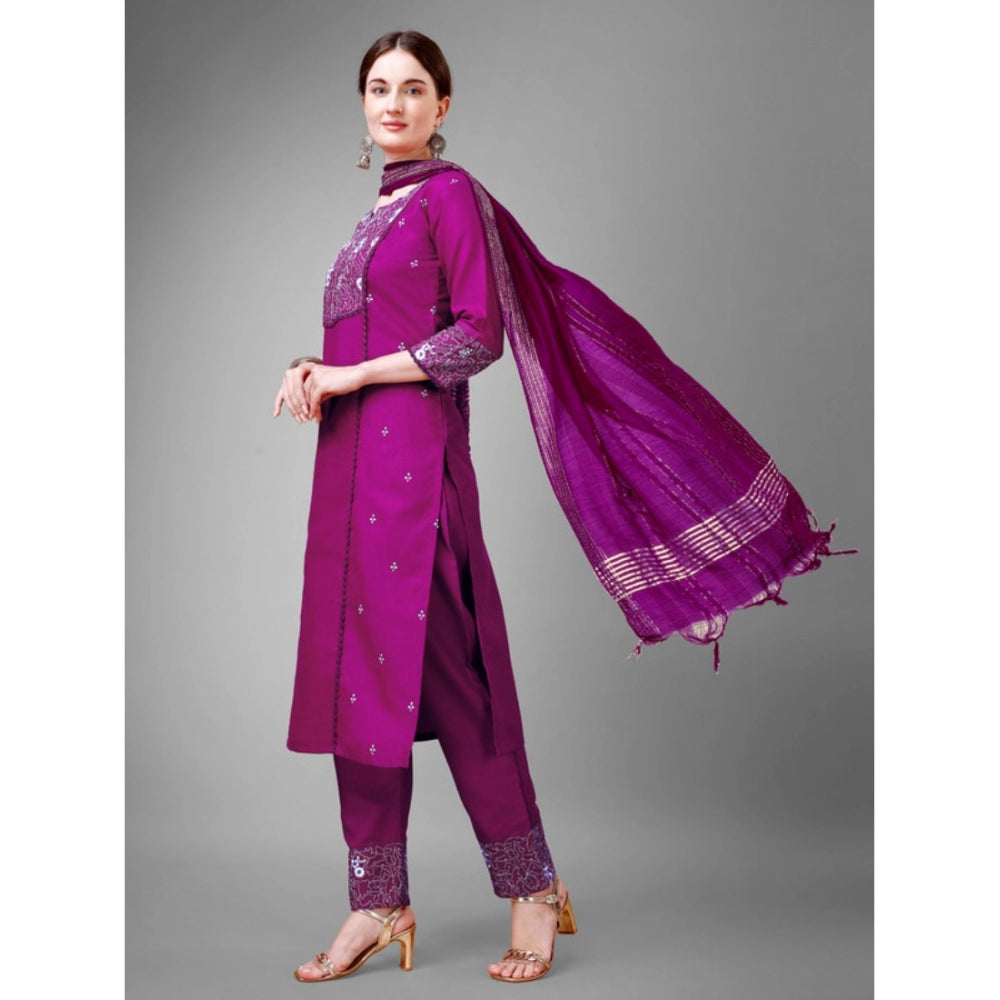 Shopper Beast Women's Casual 3-4 th Sleeve Embroidery Cotton Kurti Pant Dupatta Set (Purple)