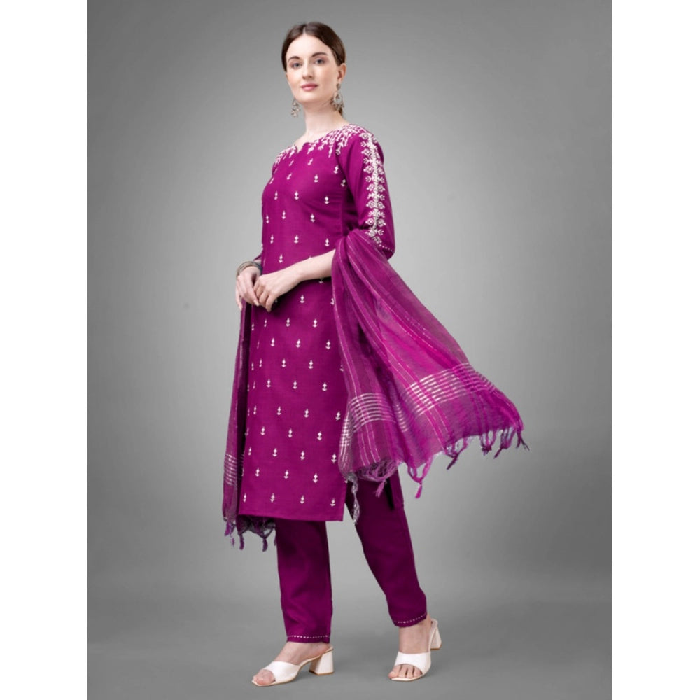 Shopper Beast Women's Casual 3-4 th Sleeve Embroidery Cotton Kurti Pant Dupatta Set (Purple)