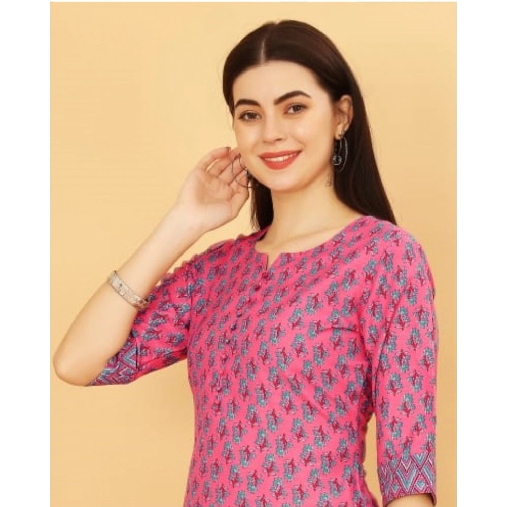 Shopper Beast Women's Casual 3-4 th Sleeve Printed Cotton Kurti Pant Set (Pink)