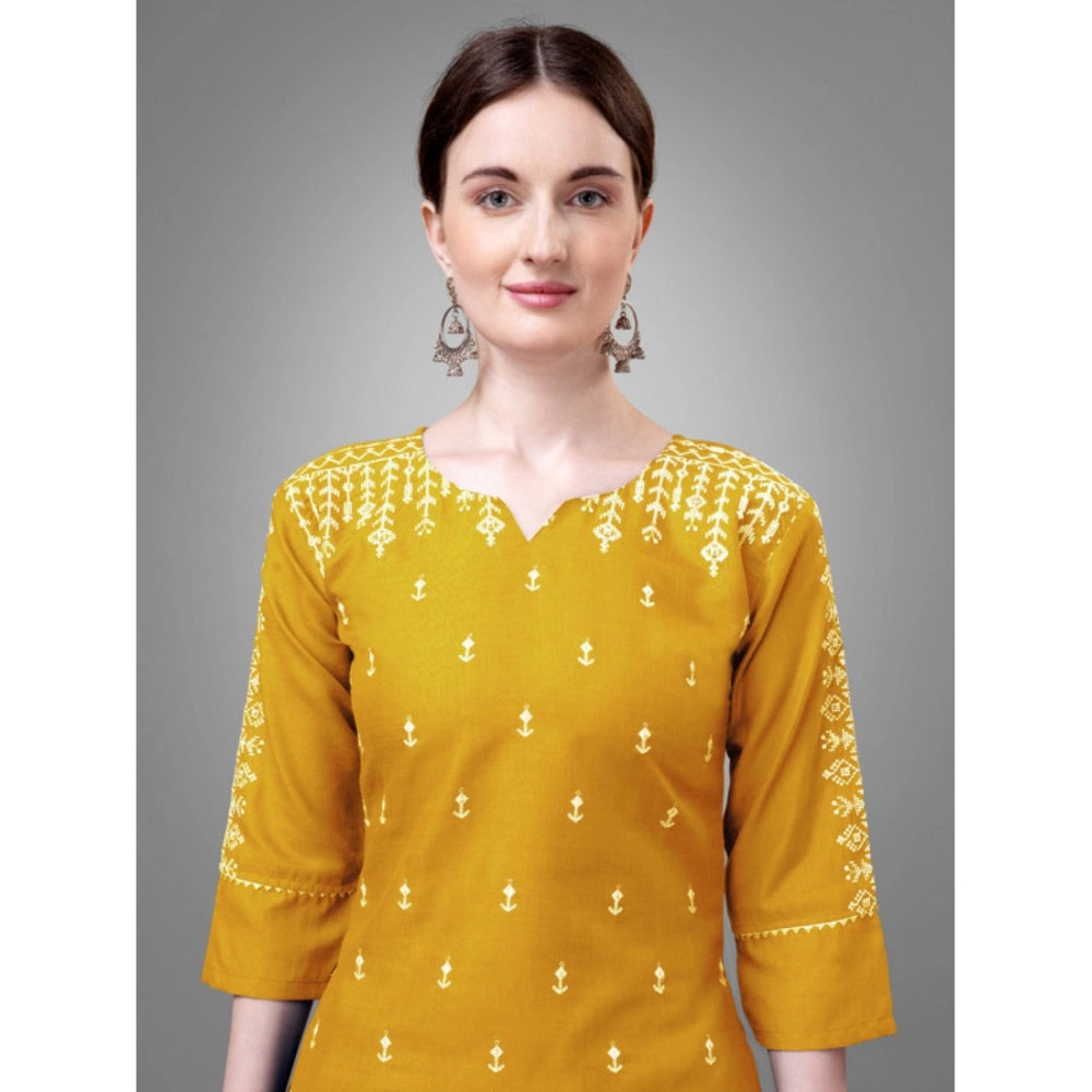 Shopper Beast Women's Casual 3-4 th Sleeve Embroidery Cotton Kurti Pant Dupatta Set (Yellow)