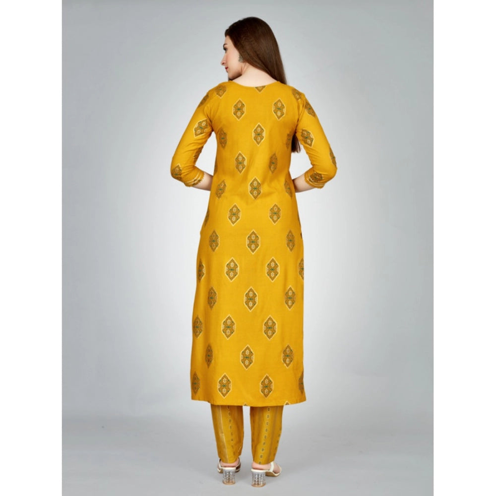 Shopper Beast Women's Casual 3-4 th Sleeve Embroidery Rayon Kurti Pant Set (Yellow)