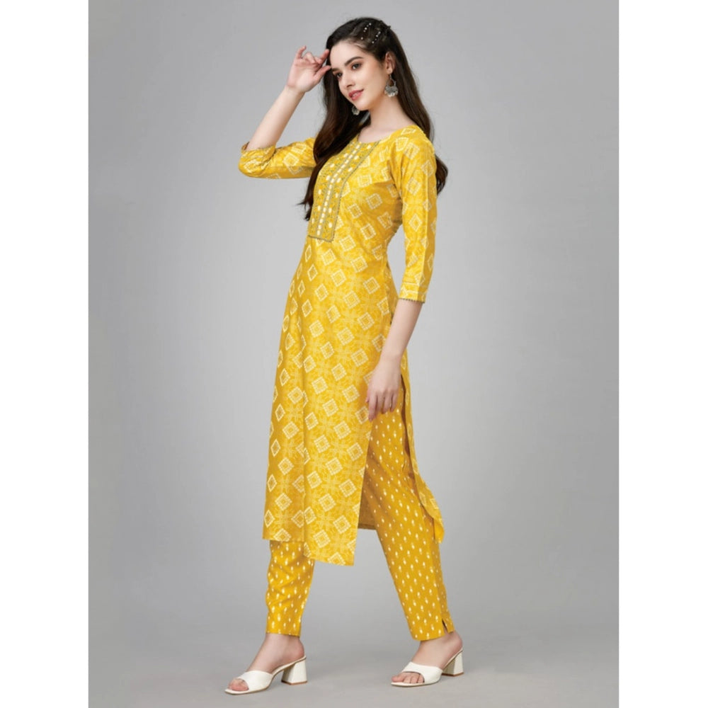 Shopper Beast Women's Casual 3-4 th Sleeve Embroidery Rayon Kurti Pant Set (Yellow)