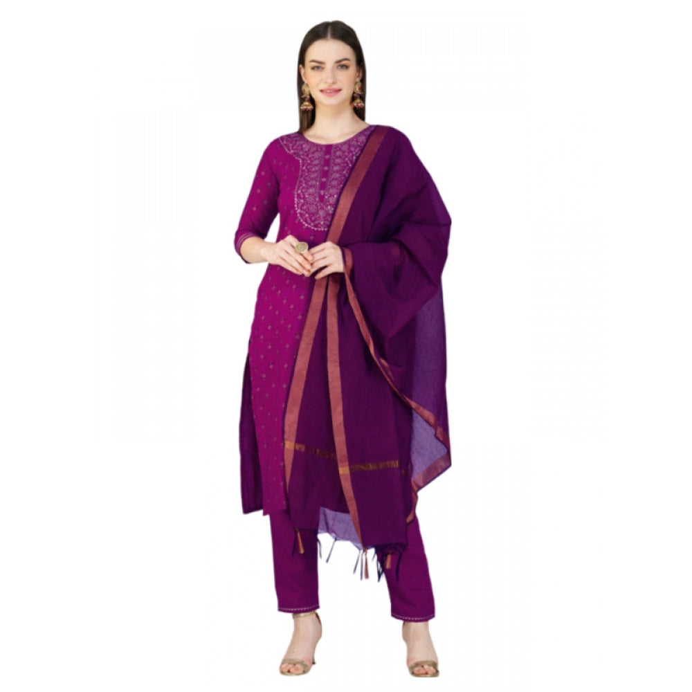 Shopper Beast Women's Casual 3-4 th Sleeve Embroidery Cotton Kurti Pant Dupatta Set (Purple)