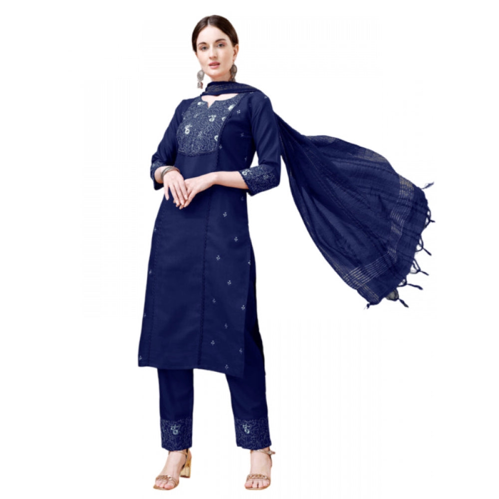 Shopper Beast Women's Casual 3-4 th Sleeve Embroidery Cotton Kurti Pant Dupatta Set (Dark Blue)