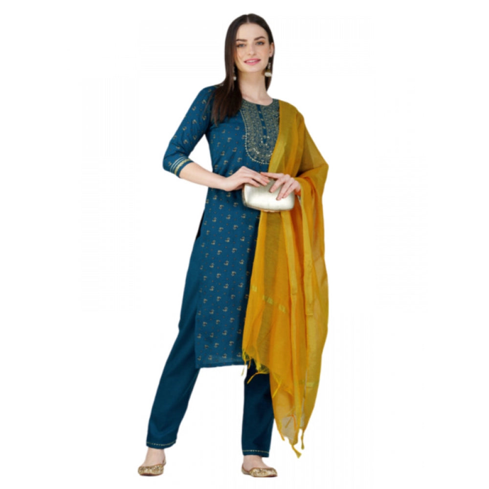 Shopper Beast Women's Casual 3-4 th Sleeve Embroidery Cotton Kurti Pant Dupatta Set (Blue )