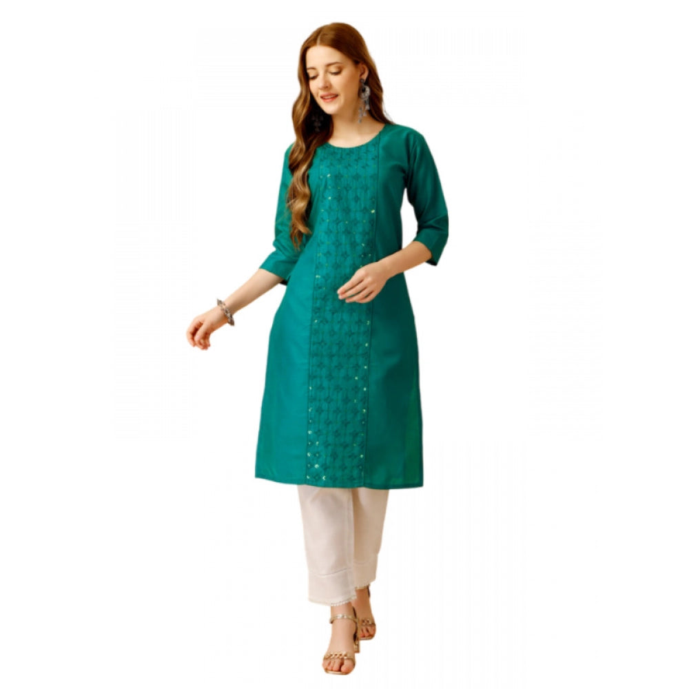 Shopper Beast Women's Casual 3-4 th Sleeve Embroidery Cotton Kurti Pant Set (Light Green)