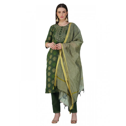 Shopper Beast Women's Casual 3-4 th Sleeve Embroidery Cotton Kurti Pant Dupatta Set (Dark Green)