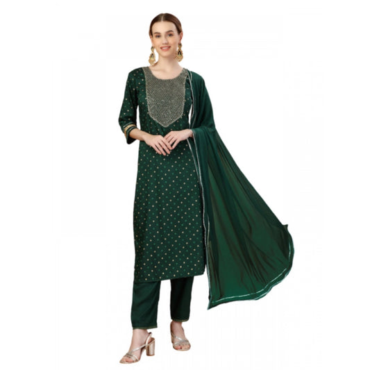 Shopper Beast Women's Casual 3-4 th Sleeve Embroidery Silk Blend Kurti Pant Dupatta Set (Dark Green)