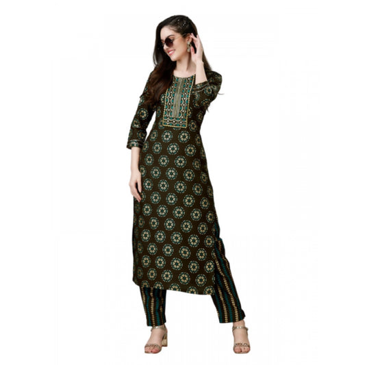 Shopper Beast Women's Casual 3-4 th Sleeve Embroidery Rayon Kurti Pant Set (Brown)