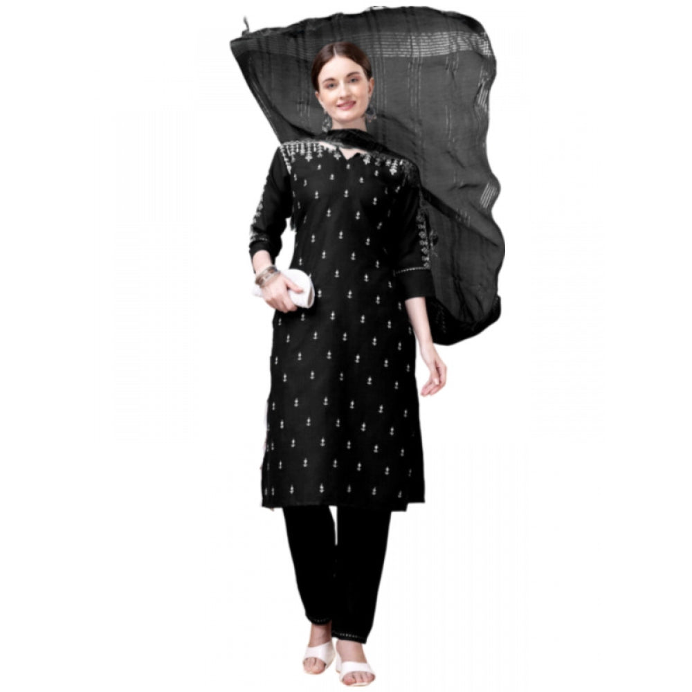 Shopper Beast Women's Casual 3-4 th Sleeve Embroidery Cotton Kurti Pant Dupatta Set (Black)