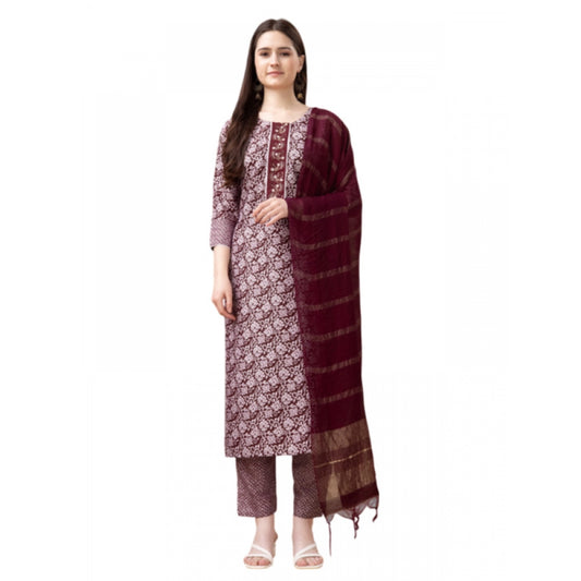 Shopper Beast Women's Casual 3-4 th Sleeve Embroidery Rayon Kurti Pant Dupatta Set (Maroon)