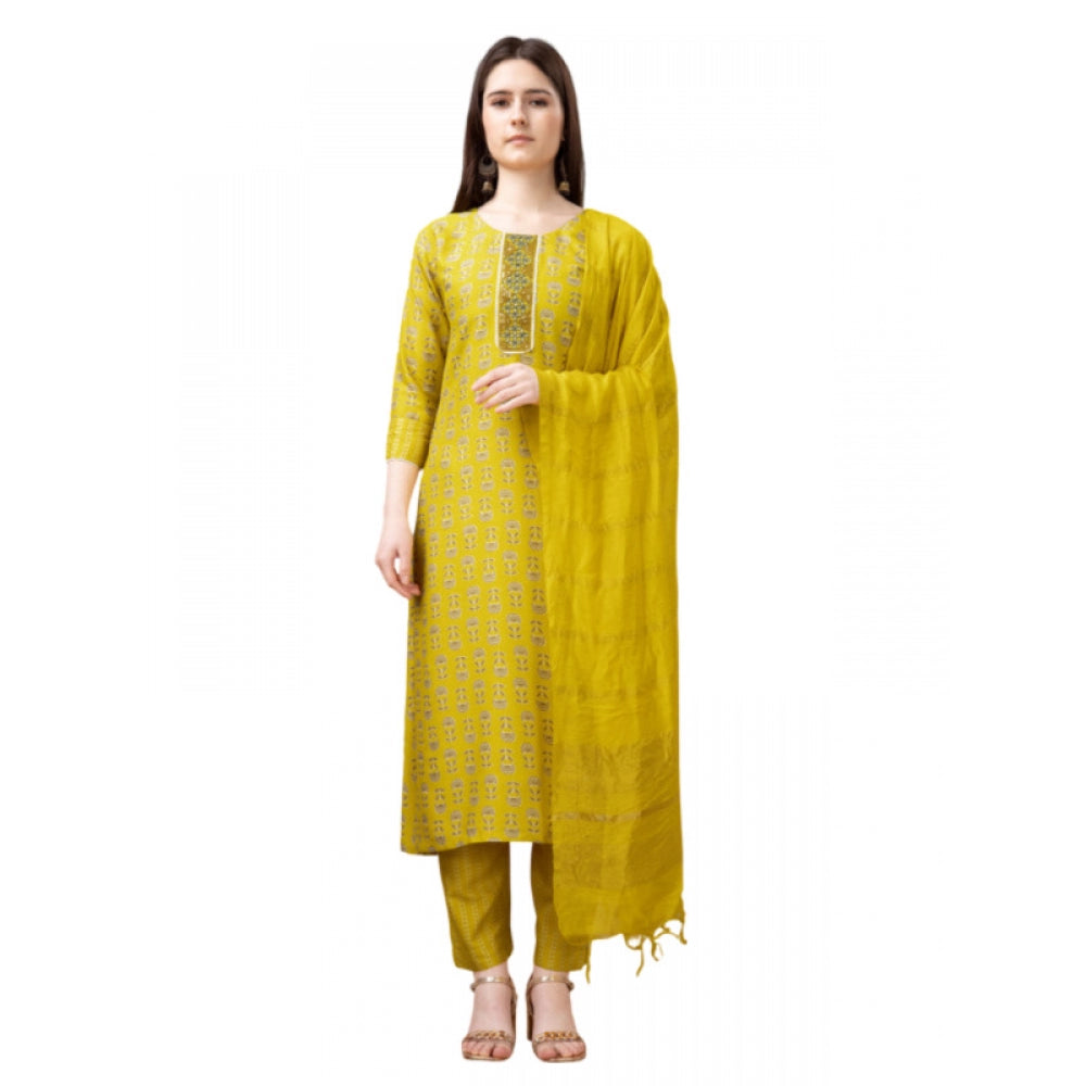 Shopper Beast Women's Casual 3-4 th Sleeve Embroidery Rayon Kurti Pant Dupatta Set (Yellow)