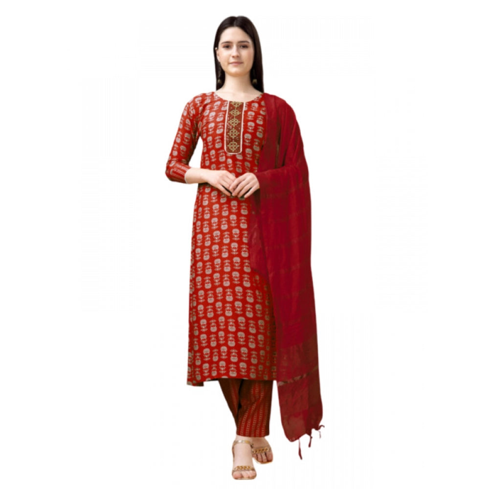 Shopper Beast Women's Casual 3-4 th Sleeve Embroidery Rayon Kurti Pant Dupatta Set (Maroon)