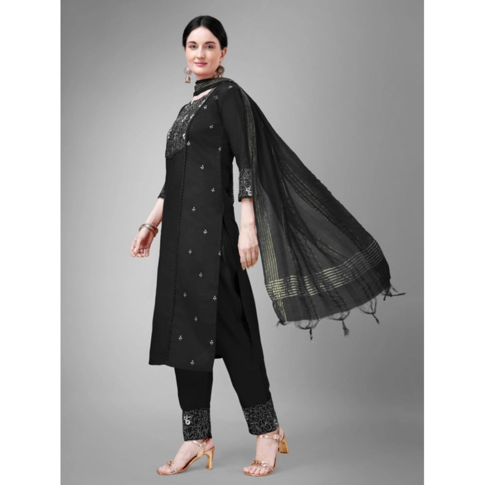 Shopper Beast Women's Casual 3-4 th Sleeve Embroidery Cotton Kurti Pant Dupatta Set (Black)