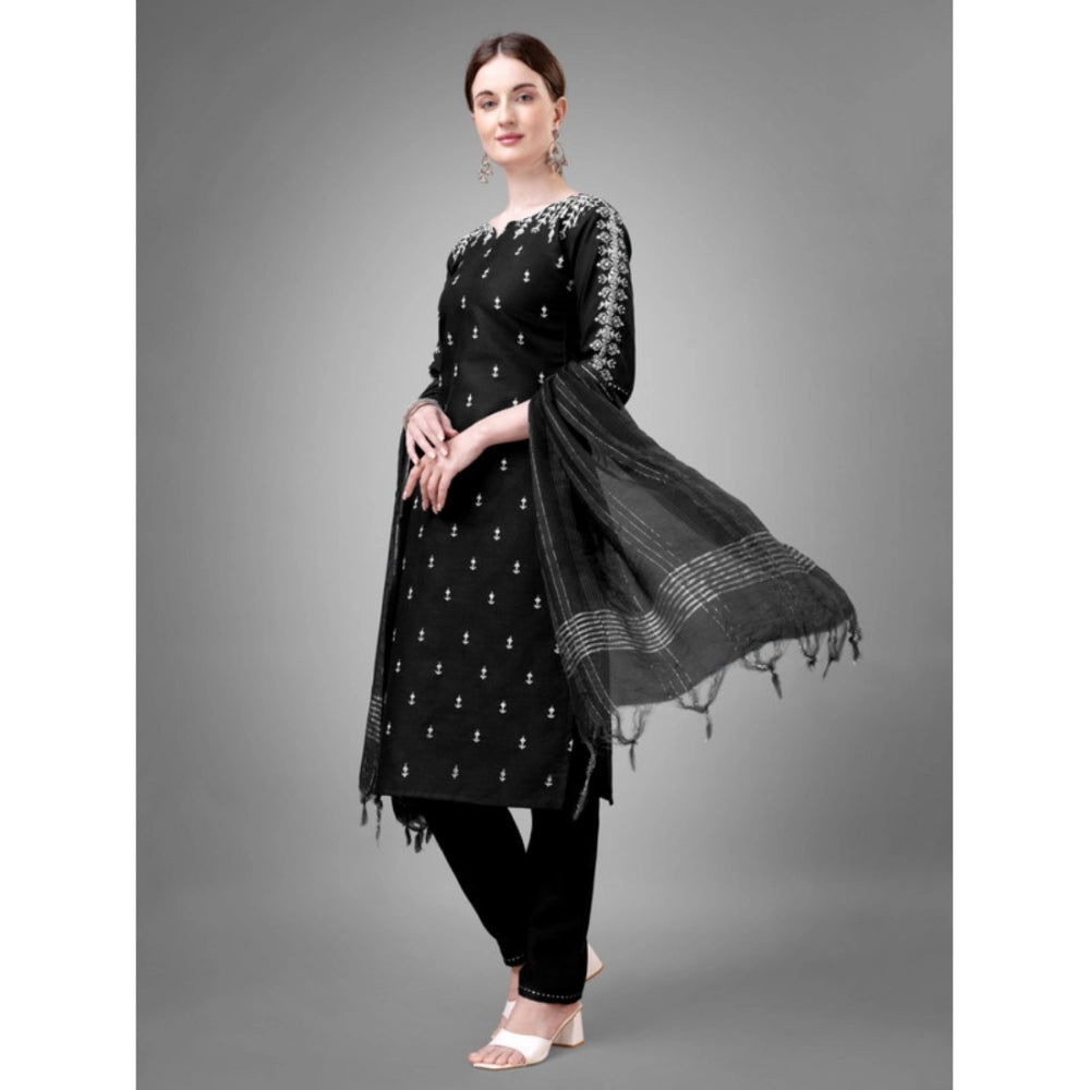 Shopper Beast Women's Casual 3-4 th Sleeve Embroidery Cotton Kurti Pant Dupatta Set (Black)