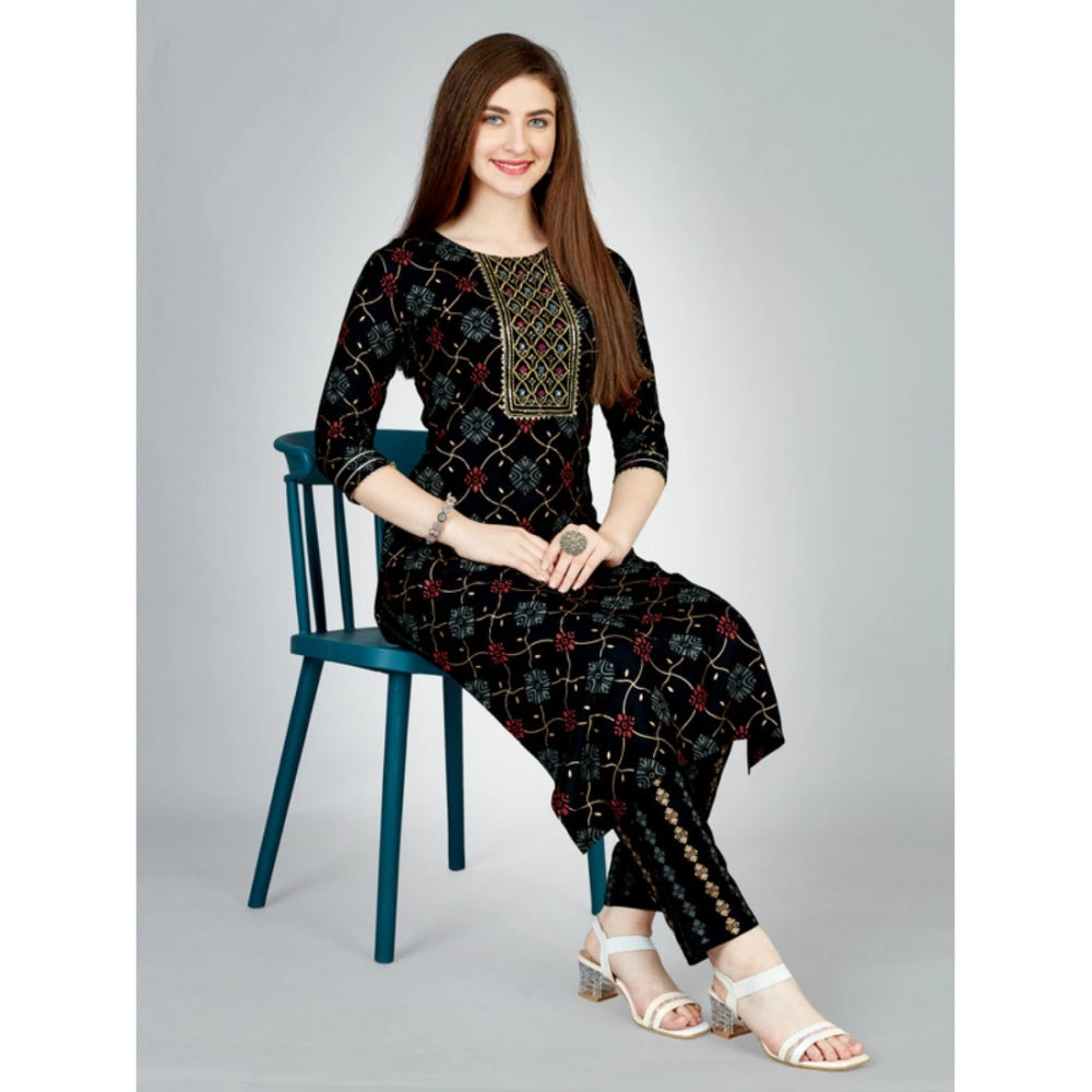 Shopper Beast Women's Casual 3-4 th Sleeve Embroidery Rayon Kurti Pant Set (Black)