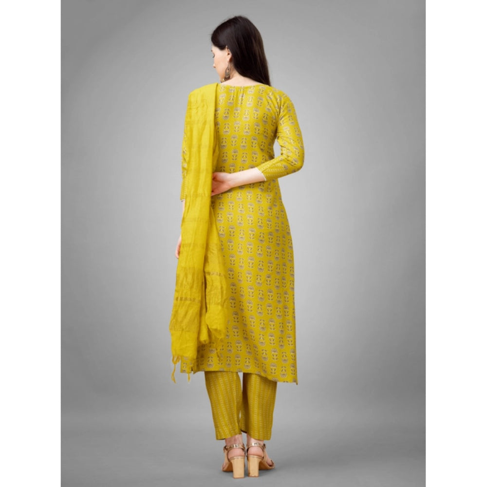 Shopper Beast Women's Casual 3-4 th Sleeve Embroidery Rayon Kurti Pant Dupatta Set (Yellow)