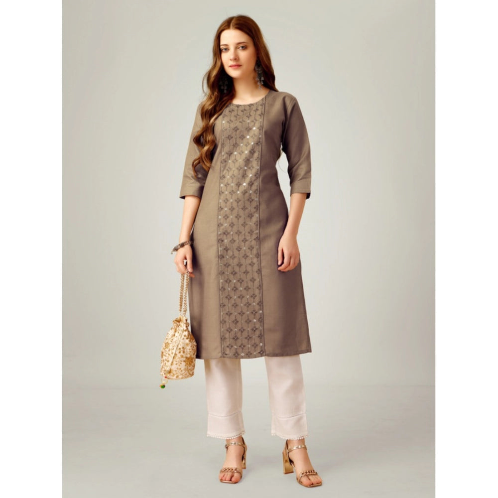 Shopper Beast Women's Casual 3-4 th Sleeve Embroidery Cotton Kurti Pant Set (Beige)