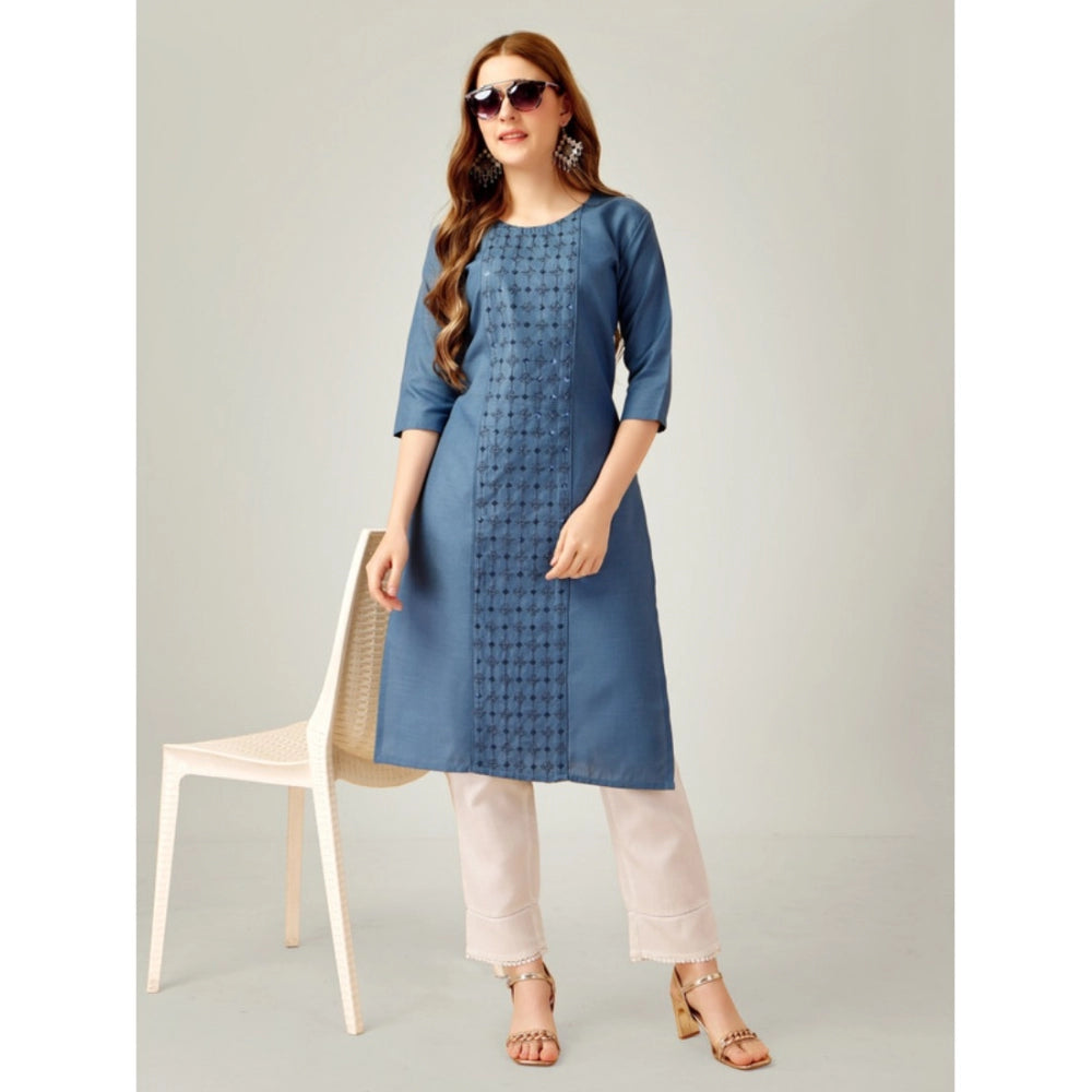 Shopper Beast Women's Casual 3-4 th Sleeve Embroidery Cotton Kurti Pant Set (Light Blue)