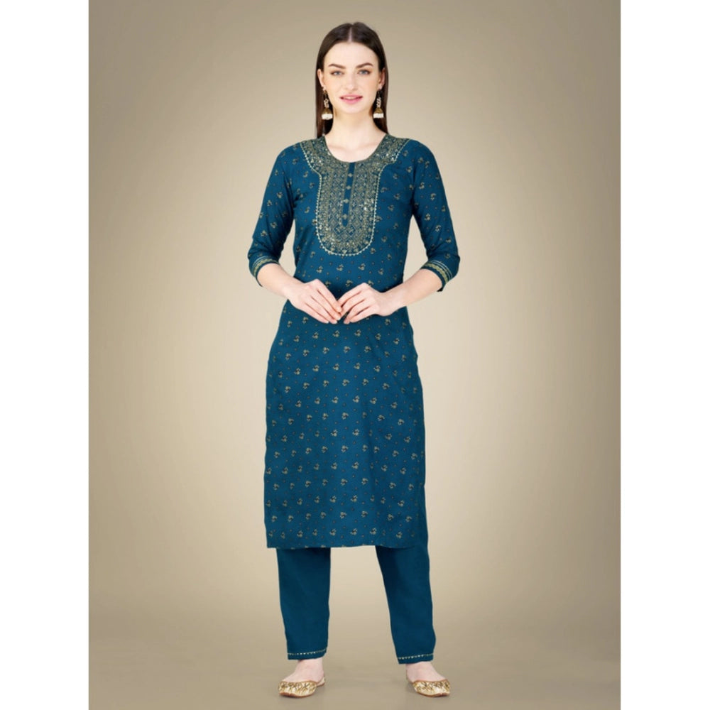 Shopper Beast Women's Casual 3-4 th Sleeve Embroidery Cotton Kurti Pant Dupatta Set (Blue )