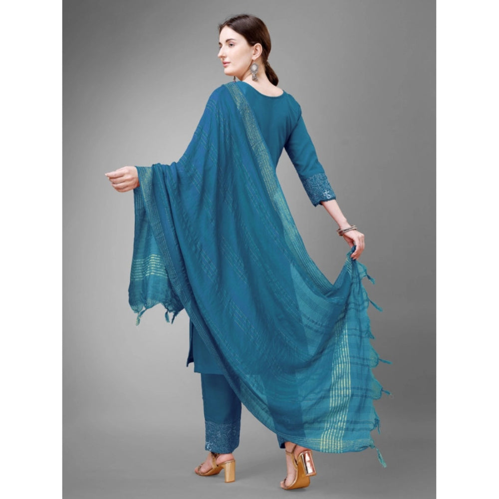 Shopper Beast Women's Casual 3-4 th Sleeve Embroidery Cotton Kurti Pant Dupatta Set (Blue )